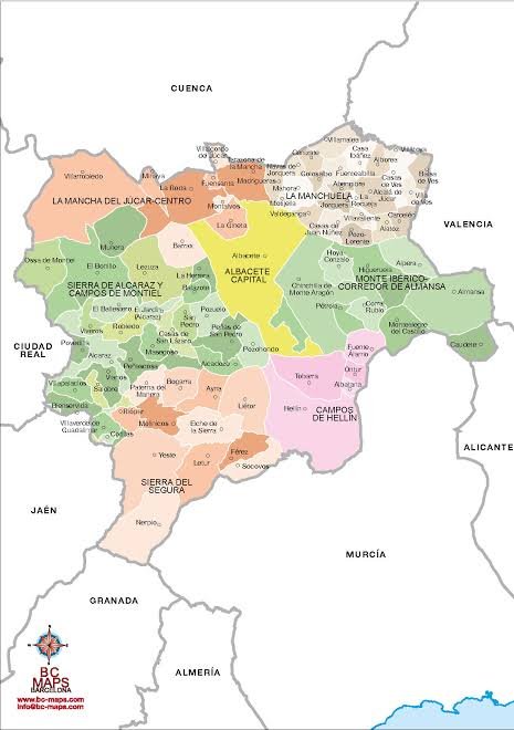 Mapa de Albacete y sus comarcas con ubicación de Alcalá del Júcar y La Manchuela